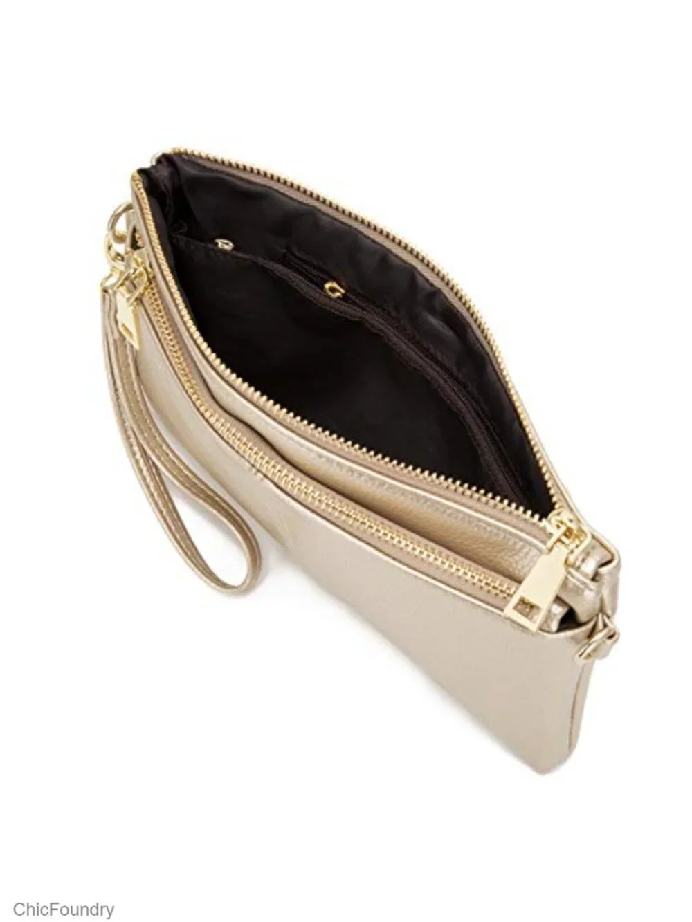 Triple Zip Small Crossbody Bag Vegan Leather Wristlet Clutch with Adjustable